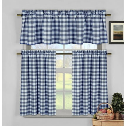 Navy Blue & White Cotton Blend Gingham Tartan Country Plaid Kitchen Curtain Set