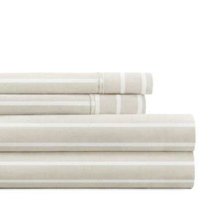 Noble Linens 4 Piece Pattern Microfiber Bed Sheet Sets, Soft Lines Natural, Queen