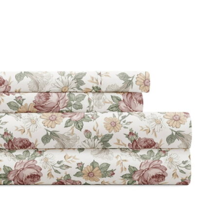 Noble Linens 4 Piece Pattern Microfiber Bed Sheets Set, Blooming Floral Rose, King