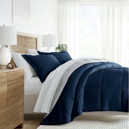 Noble Linens 7 Piece Bedding Bundle, Reversible Comforter and Patterned Sheet Set, Queen