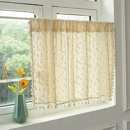 Nvzi Daisy Floral Cotton Cafe Curtains with Tassels Rod Pocket Short Kitchen Curtain, 1 Panel (Daisy,24"x35")
