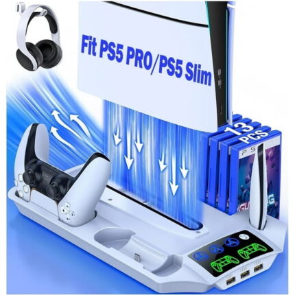 PS5 Stand for PS5 Slim PS5 Pro with PS5 Controller Charger Dock, QQV PS5 Accessories with PS5 Cooling Station for PS5 Slim/Disc/Digital,PlayStation 5 Accessories-White