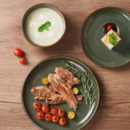 Pokini 12-Piece Stoneware Dinnerware Sets, Plates and Bowls Dish Sets for 4, Brown Green