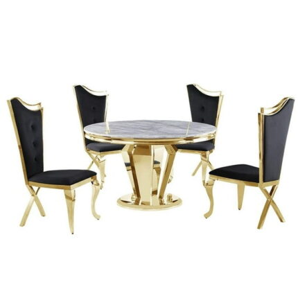 Pemberly Row Crownie Black/Gold Faux Marble Round Dining Set (5-piece)