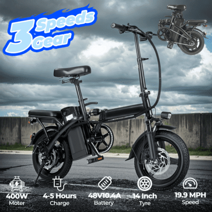 Portable Terrosor Electric Bicycle - 14" Foldable Design, Dual Disc Brakes, 20mph Max Speed, Includes Storage Basket