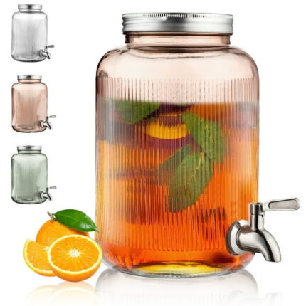 ReaNea Pink Glass Beverage Dispenser 1 Gallon with Lid and Stainless Steel Faucet