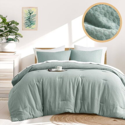 Regency Heights Textured Waffle Like Comforter Sets Full/Queen, 3 Piece Spring Bedding Sets, Sage Green Comforter Bed Set with Pillow Shams