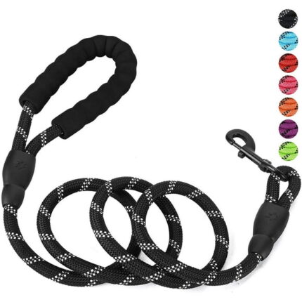 Rirool 5ft Nylon Rope Dog Leash for Large & Medium Dogs 18-120 lbs, Highly Reflective,Anti-Slip Grip, Black