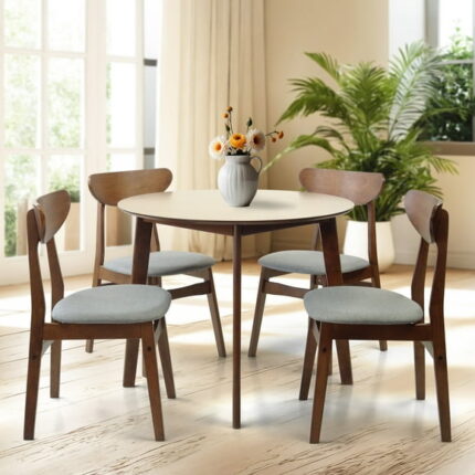 SK New Interiors Dining Round Table and 4 Yumiko Side Chairs (Set of 5) Solid Wood Medium Brown Finish