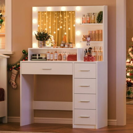 SOMLINE Makeup Vanity Desk with Mirror & Lights, Vanity Desk with 5 Drawers & Storage Shelves for Christmas gifts, for Bedroom, White