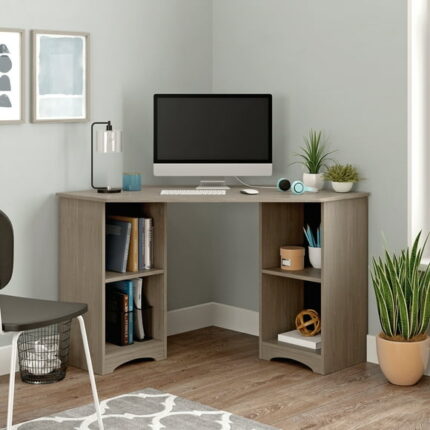 Sauder Beginnings Corner Desk with Shelves, Silver Sycamore Finish
