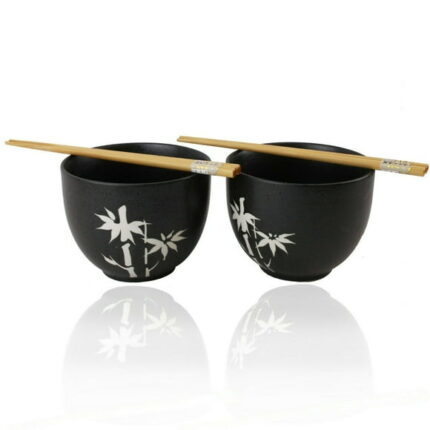 Set of 2 Quality and Elegant Japanese Porcelain Black Bowls w Chopsticks- White Bamboo EHD New