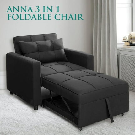 Convertible Sleeper Chair Bed, 3 in 1 Convertible Sleeper Sofa Bed, Linen Convertible Ottoman Bed, Adjustable Backrest, Modern Sleeper Chairs for Adults for Living Room -Color: Black, Fabric: Linen