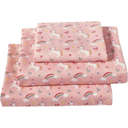 Softan Bed Sheet Set for Kids Girls, Twin Size Kids Sheets Microfiber Kids Fitted Sheet, Breathable & Silky Soft Feeling Kids Sheet Set 3 PCs Pink Unicorn Kids Twin Bed Sheet