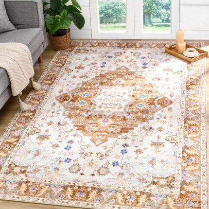 Softlife Ultra-Thin Chenille Vintage Area Rug Non Slip Washable Oriental Tribal Antique Carpet Home Decor Boho Style,5'x8',Golden