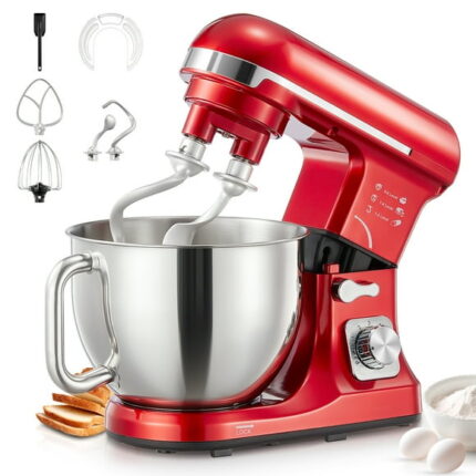 FOHERE Stand Mixer with Double Hook, 6 Speeds, 5.5Qt Stainless Steel Bowl, Beater and Whisk Red
