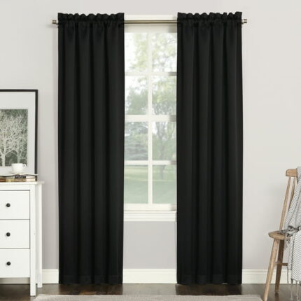 Sun Zero Nolan Energy Saving Blackout Rod Pocket Curtain Panel, 40"x84", Black (Single Panel)