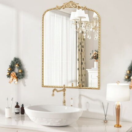 TBKLEY Arched Wall Mirror for Bathroom, 20"x30" Metal Beaded Frame Decorative Accent Mirror, Baroque Inspired Wall Decor, Gold
