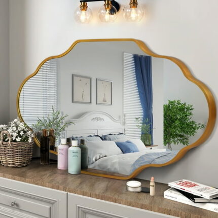 TEWLOSS Scalloped Bathroom Mirrors Wall Mirror, 36"x20" Gold Aluminum Frame