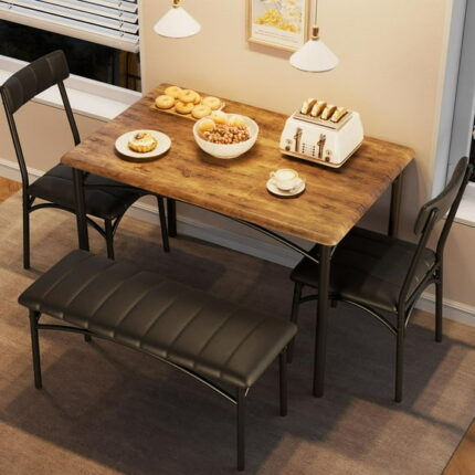 TROPOW Dining Table Set for 4, Kitchen Table with Upholstered Bench and 2 Chairs, Kitchen Table and Chairs Set, for Small Space, Apartment, Home, Kitchen, Retro