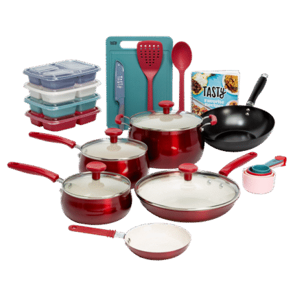 Tasty Clean Ceramic 24 Piece Non-Stick Aluminum Cookware Set, Red