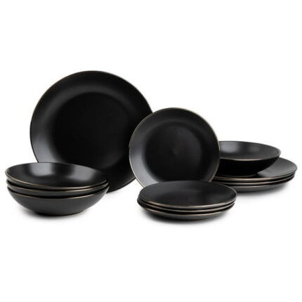 Thyme & Table 12-Piece Stoneware Dinnerware Set, Black Onyx Collection
