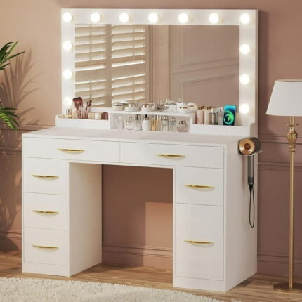 Tomnk woo White Makeup Vanity Desk with Large Mirror, Adjustable Lights, Storage Drawers & Power Outlets