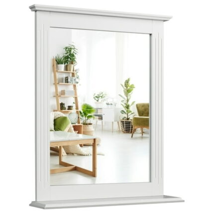 Topbuy Square Vanity Makeup Bathroom Wall Mirror with Holding Shelf White