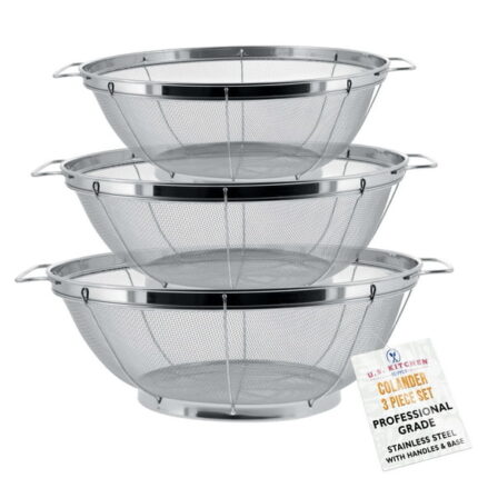U.S. Kitchen Supply 3 Piece Colander Set-Stainless Steel Wired Mesh Strainer Baskets with Wide Handles-11"-5 Quart, 9.5"