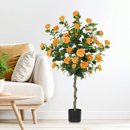 Uforic 4.1FT Artificial Camellia Tree with a LED string light, Flower Plants Artificial Tree - Orange