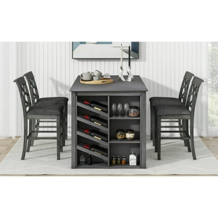 Updated Counter Height 5-piece Solid Wood Dining Table Set, 59*35.4Inch Table with Curved Wine Rack and 4 Upholstered Chairs, Grey