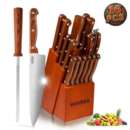 VAVSEA Knife Block Set, 16 Pieces Kitchen Knife Set with Block Walnut, Stainless Steel Knife Set for Gift, Home