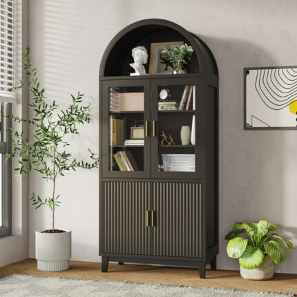 VEANERWOOD 71" Tall Arch Cabinet, Wood Fluted Kitchen Kitchen Storage Cabinet with 4 Doors and 6 Shelves for Dining Room Living Room
