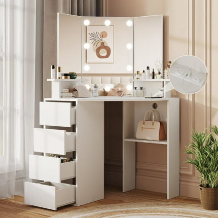 Veanerwood White Corner Vanity Desk with Mirror and Light,Makeup Table with 4 Drawers and Charging Station for Bedroom