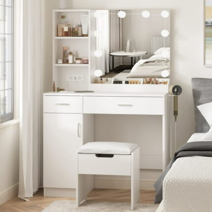 Veanerwood Makeup Vanity Desk with Lighted Mirror & Power Strip, Girls Vanity with Storage Shelves, White