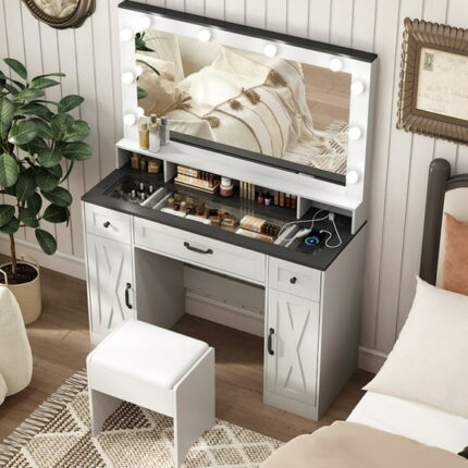 Vabches Farmhouse Vanity with Lighted Mirror and USB Port, Makeup Table Set, White