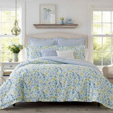 Laura Ashley  Nora Collection  Comforter Set-Ultra Soft All Season Bedding, Stylish Delicate Design Bedspread with Matching, Euro Shams, and Throw Pillows, Twin, Bright Blue Twin Bright Blue