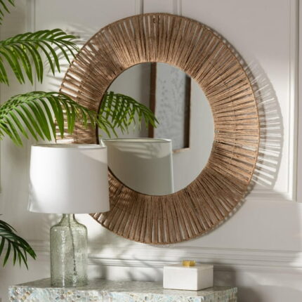 bali & pari Leala Modern Bohemian Metal and Natural Brown Seagrass Accent Wall Mirror