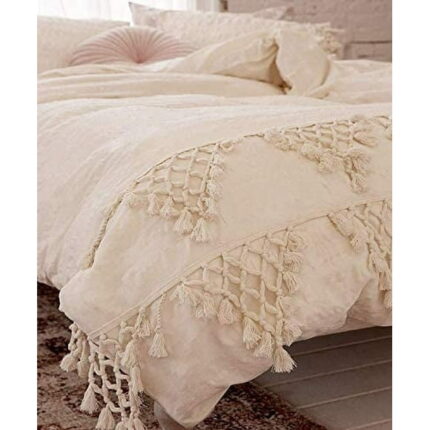 Flber outlet Ivory Duvet Cover Boho Cotton Tassel Bedspreads Comforter Quilt Cover 68"Wx 90"L