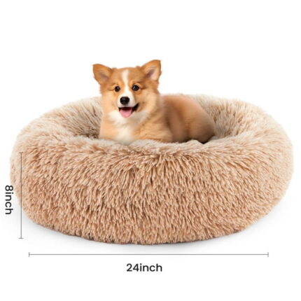 edx Calming 24? Donut Dog Bed, Soft Warm Plush Round Fluffy Ped Bed for Medium Dogs, Machine Washable, Brown